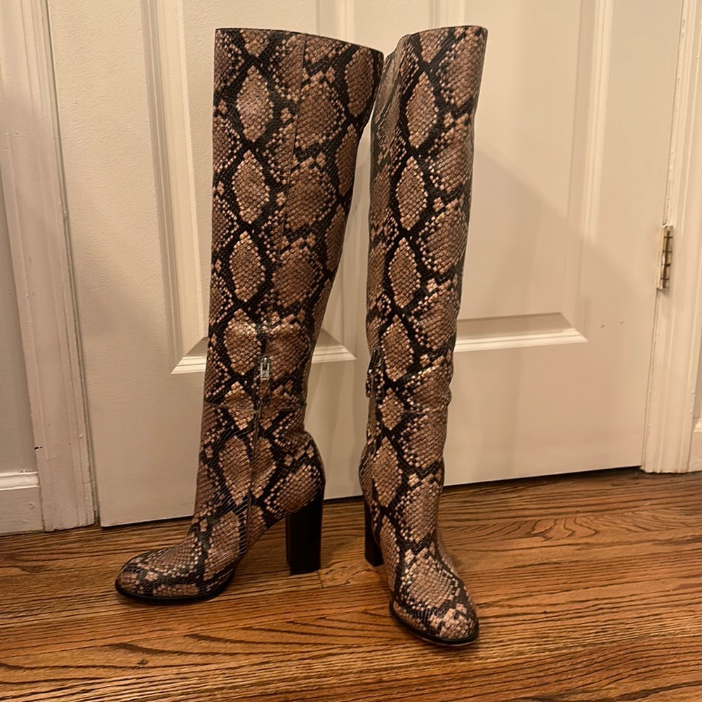 Sam Edelman size 10 pink and black knee high snake  print boots